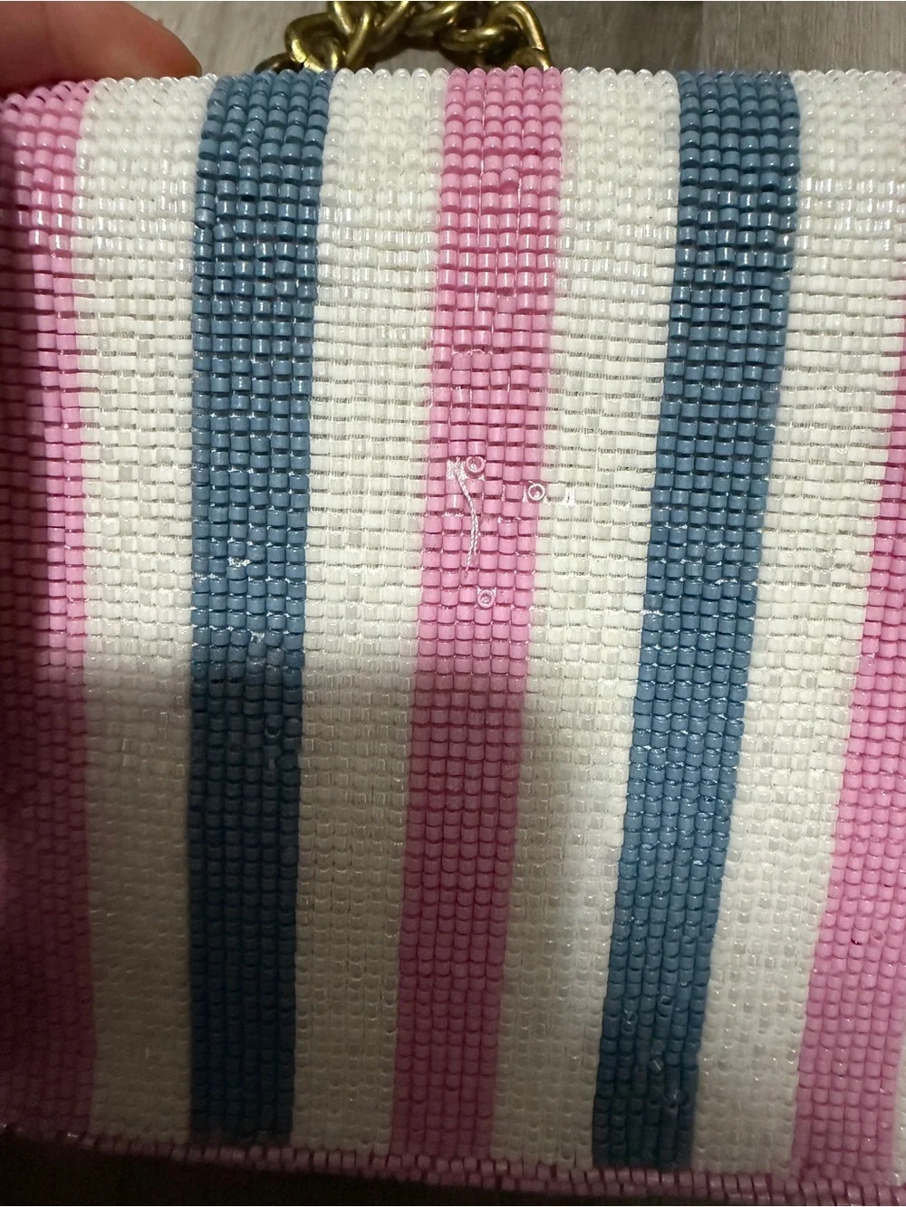 Pink, white, blue, and green stripe beaded bag with gold chain • NWT